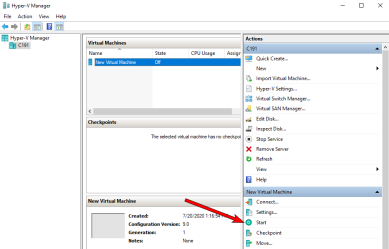 HyperV main interface with an arrow pointing to the Start button in the Actions menu to the lower right. 